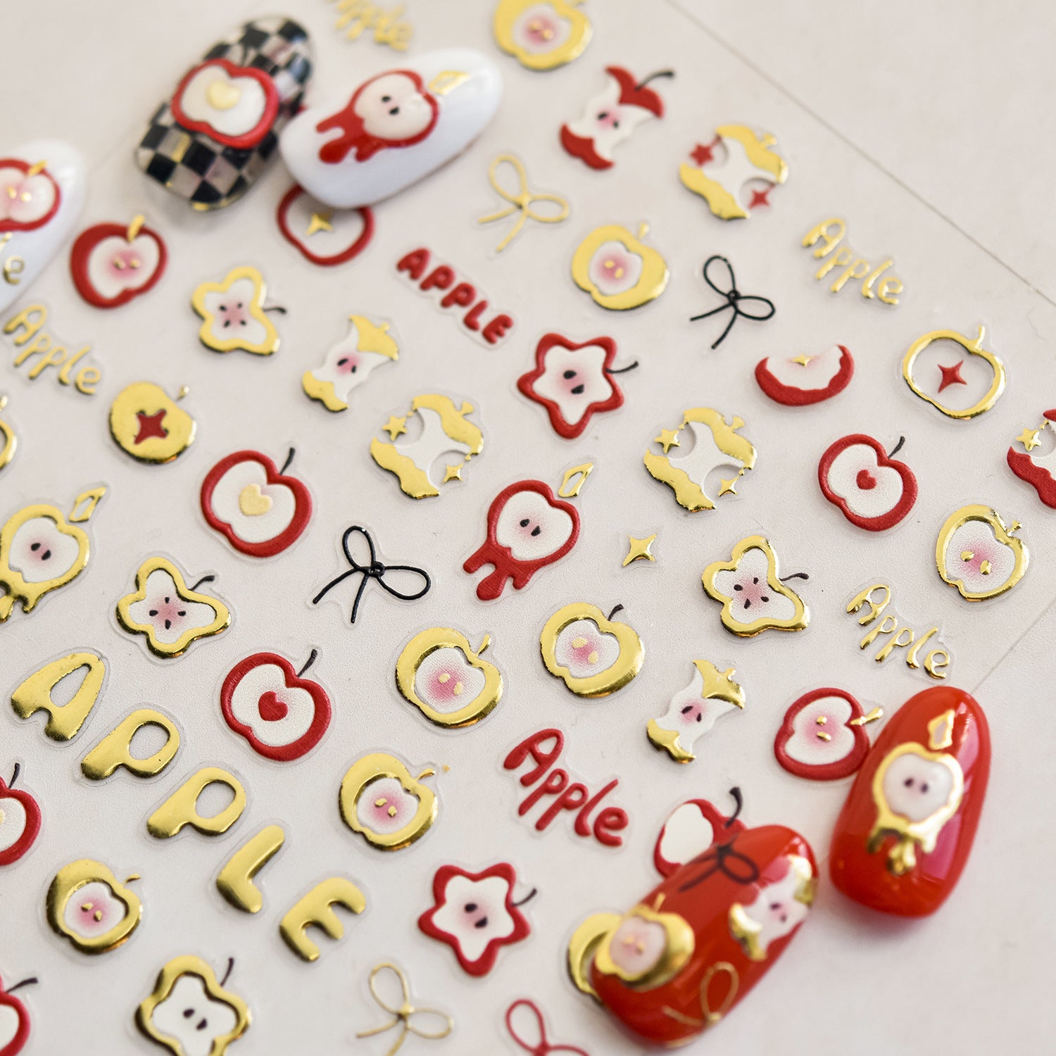 Golden Apple & Tooth Collection: "Cute Golden Apple Tooth" – 3D Embossed Nail Sticker
