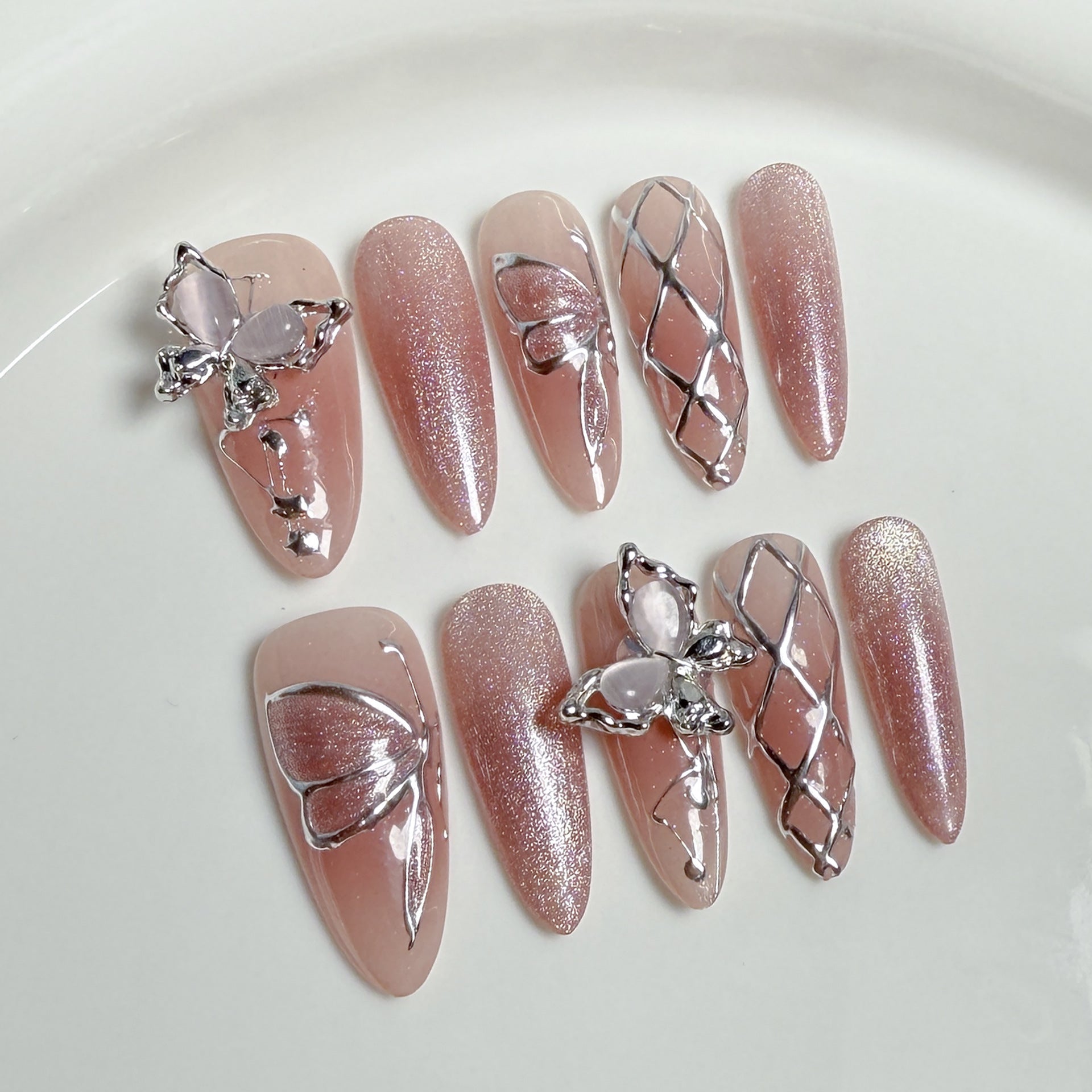 Blush Pink Shimmer Nails with Icy Butterfly Chrome Accents