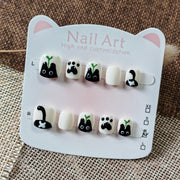 365nails: "sprouting black cat" – short round handmade kids press-on nails
