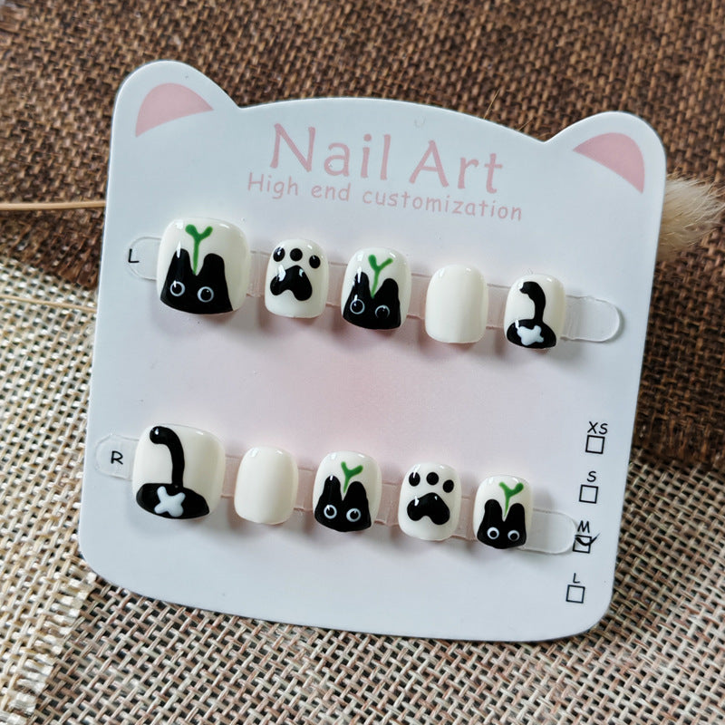 365nails: "sprouting black cat" – short round handmade kids press-on nails
