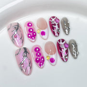 Metallic Hand-Drawn Nails with Irregular Pink Ink Wash