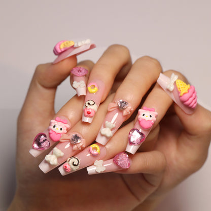 Desenho animado fofo rosa arte de unha cone sorvete laço tridimensional amor flash diamante ｜365nails
