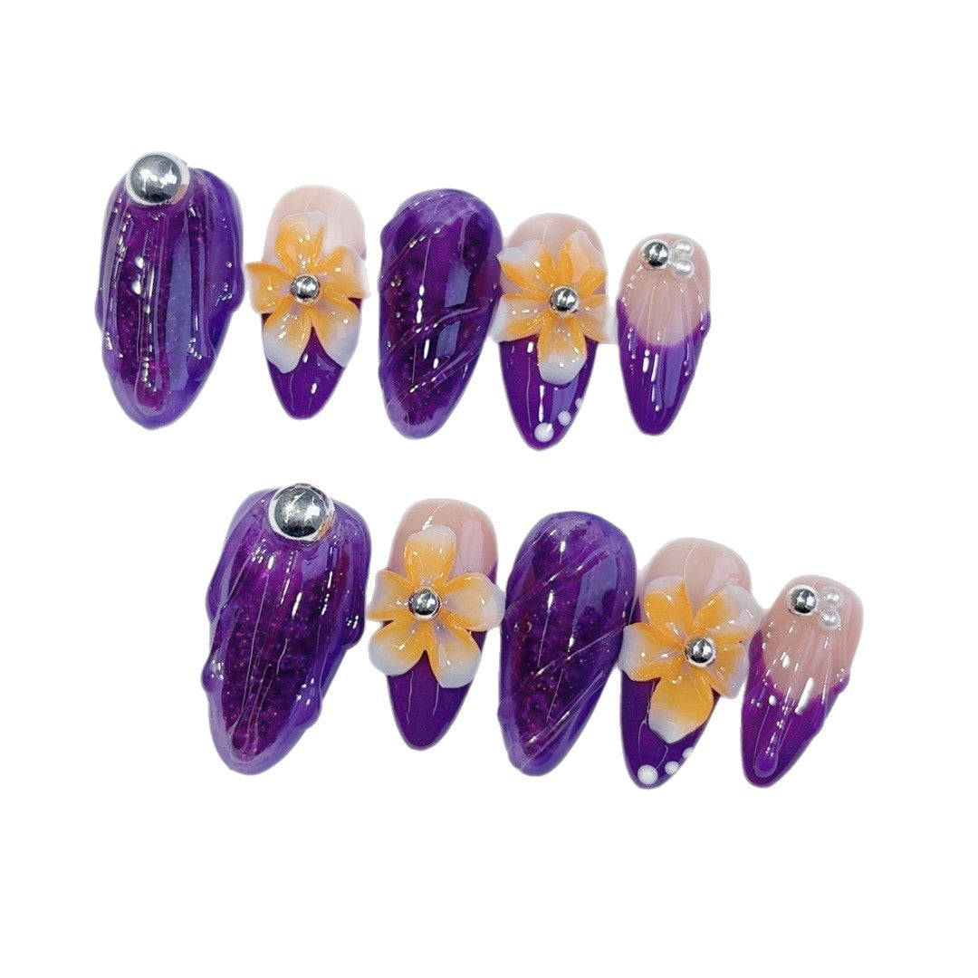 Violet Bloom: "Amethyst Flower" – Almond Press-On Nails
