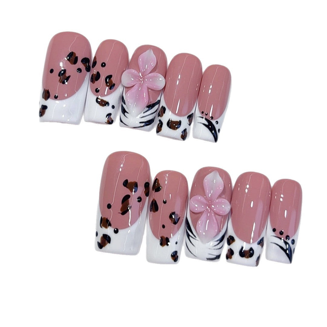 Wild Floral Leopard: "Pink & Animal Print" – Square Press-On Nails