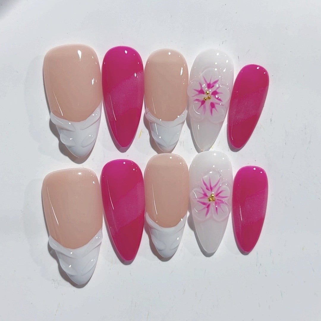 365nails-Pink Daisy: "Floral French" – Almond Shape Handmade Pressed-On Nails