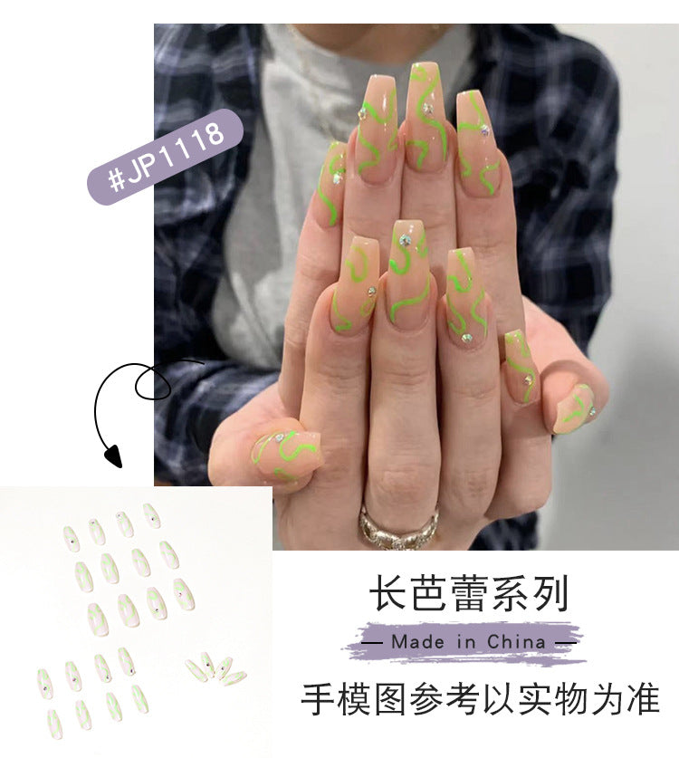 Balé francês longo com strass azul, linha ondulada, pequena flor preta, para manicure, fornecimento direto, patch 365nails