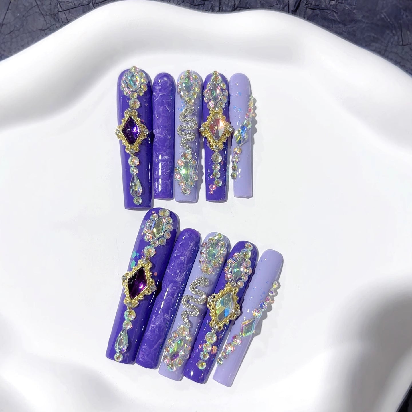 Purple Crystal Embellished Extra Long Press On Nails