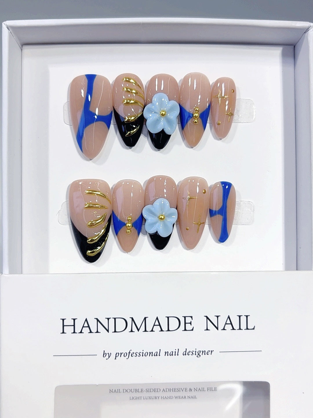 Blue Bloom: "Nude Gold Chain" – Almond Shape Handmade Press-On Nails