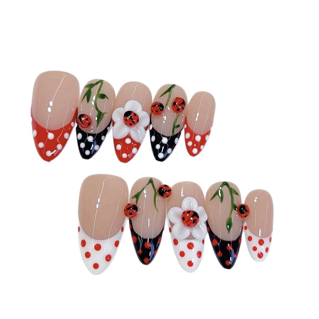 Ladybug Garden: "Polka Dot & Floral" – Almond Press-On Nails