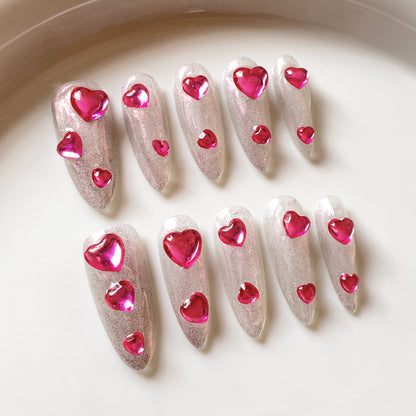De corazón a corazón, Barbie Pink, Aurora, Corazón de Melocotón, Uñas Postizas Hechas a Mano, Arte de Uñas de Ojo de Gato con Hielo Largo | 365nails