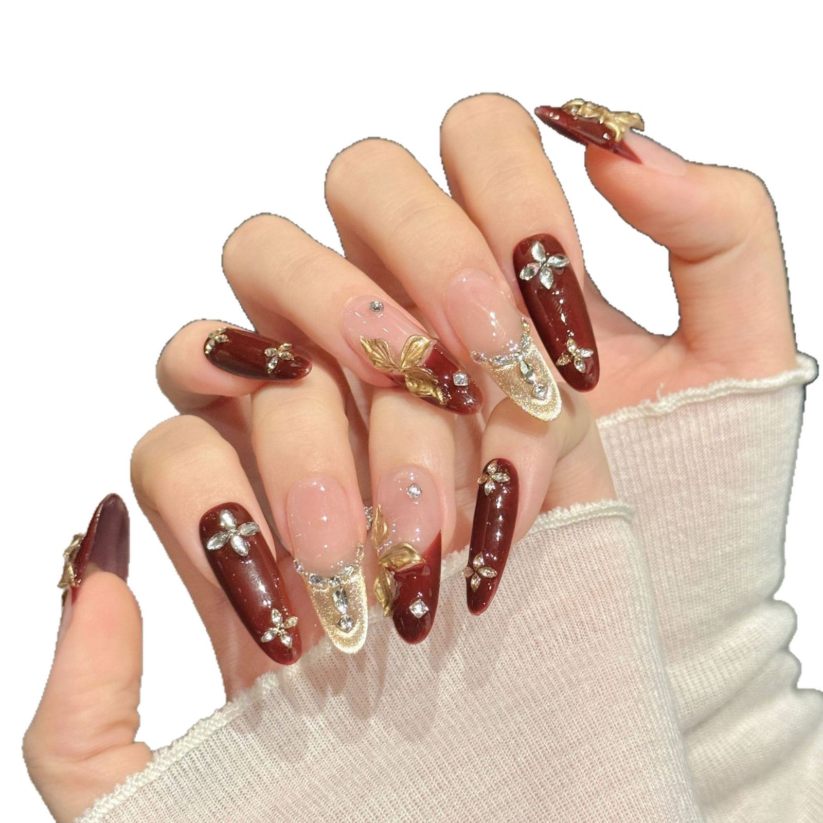 Elegant Burgundy Gold Floral Press On Nails Set