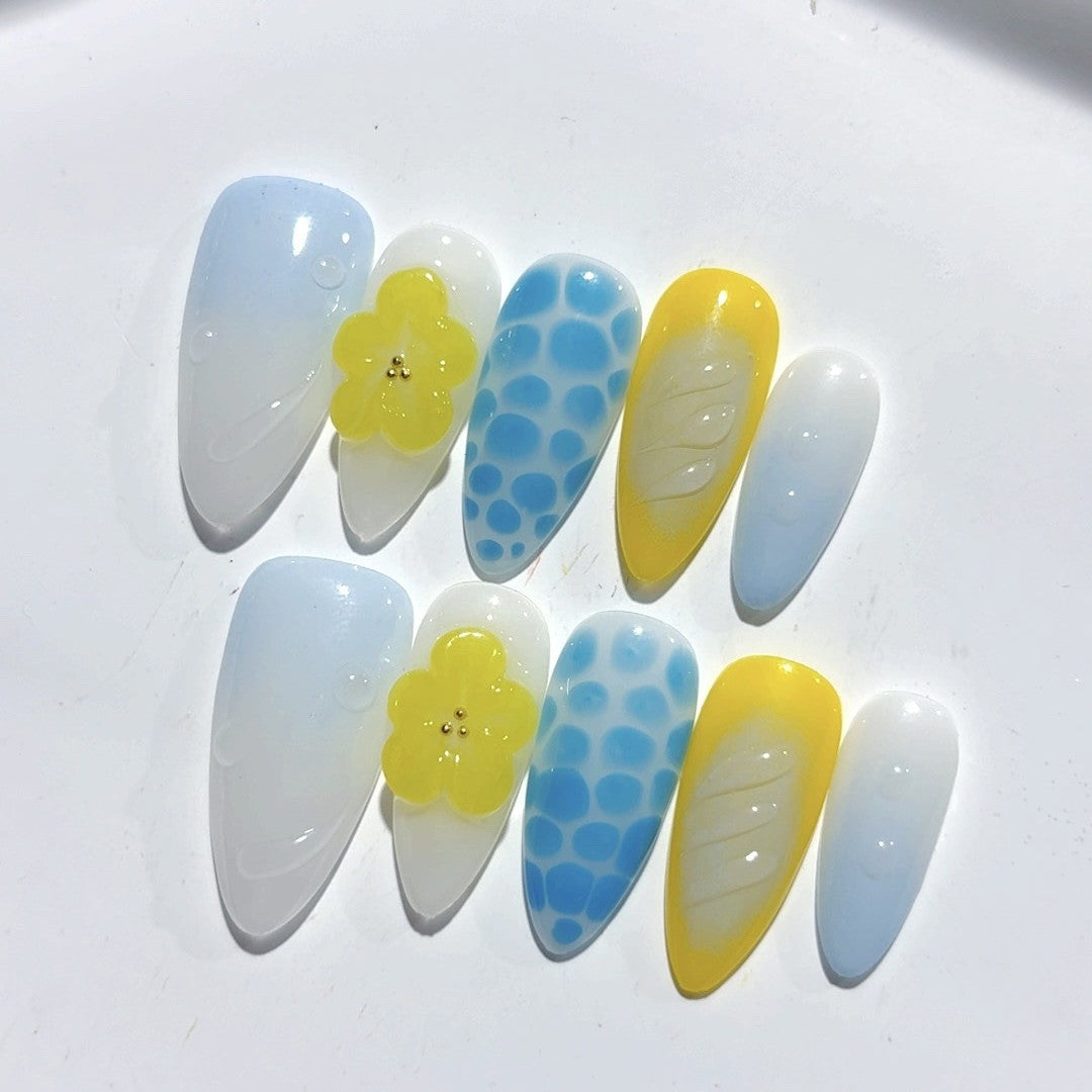 365nails - 夏日幻境：「檸檬水花」— 杏仁形手工製3D雕刻穿戴甲