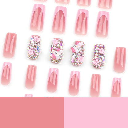 Unhas postiças japonesas fofas com armadura de flor e diamantes brilhantes, unhas postiças francesas rosa｜365nails
