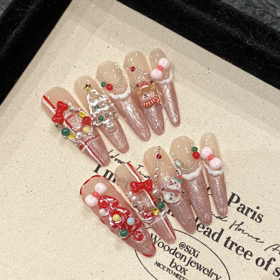 Pink Glitter Christmas Press‑On Nails – Santa & Candy Ornament Design