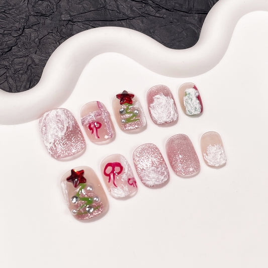 Handmade armor Christmas new snowy village cute sweet short cat eye manicure wearable nail sticker｜365nails