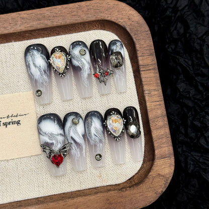 Black punk style smudged metal zircon finished niche long handmade nails | 365nails