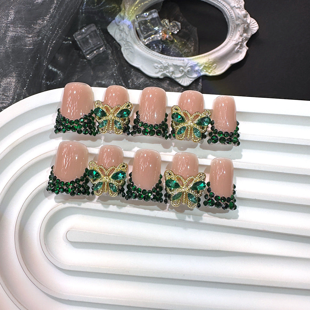 Emerald Green Butterfly Crystal Press On Nails
