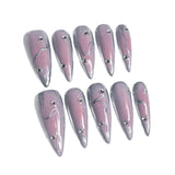 Uñas postizas hechas a mano, estilo Spice Girl, rubor, metal, punta larga, parche, venta al por mayor | 365nails