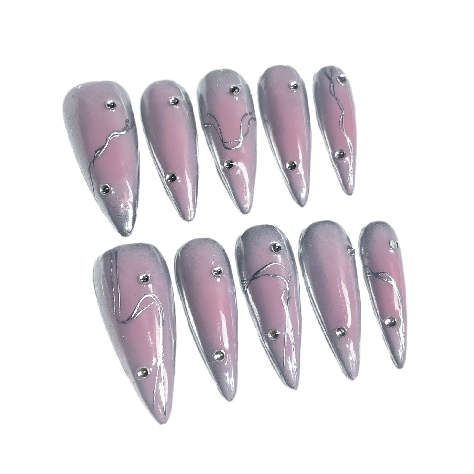 Uñas postizas hechas a mano, estilo Spice Girl, rubor, metal, punta larga, parche, venta al por mayor | 365nails