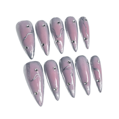 Handmade Press-on Nails Sweet Cool Spice Girl Blush Nail Metal Style  Long Tip Nail Patch Wholesale｜365nails
