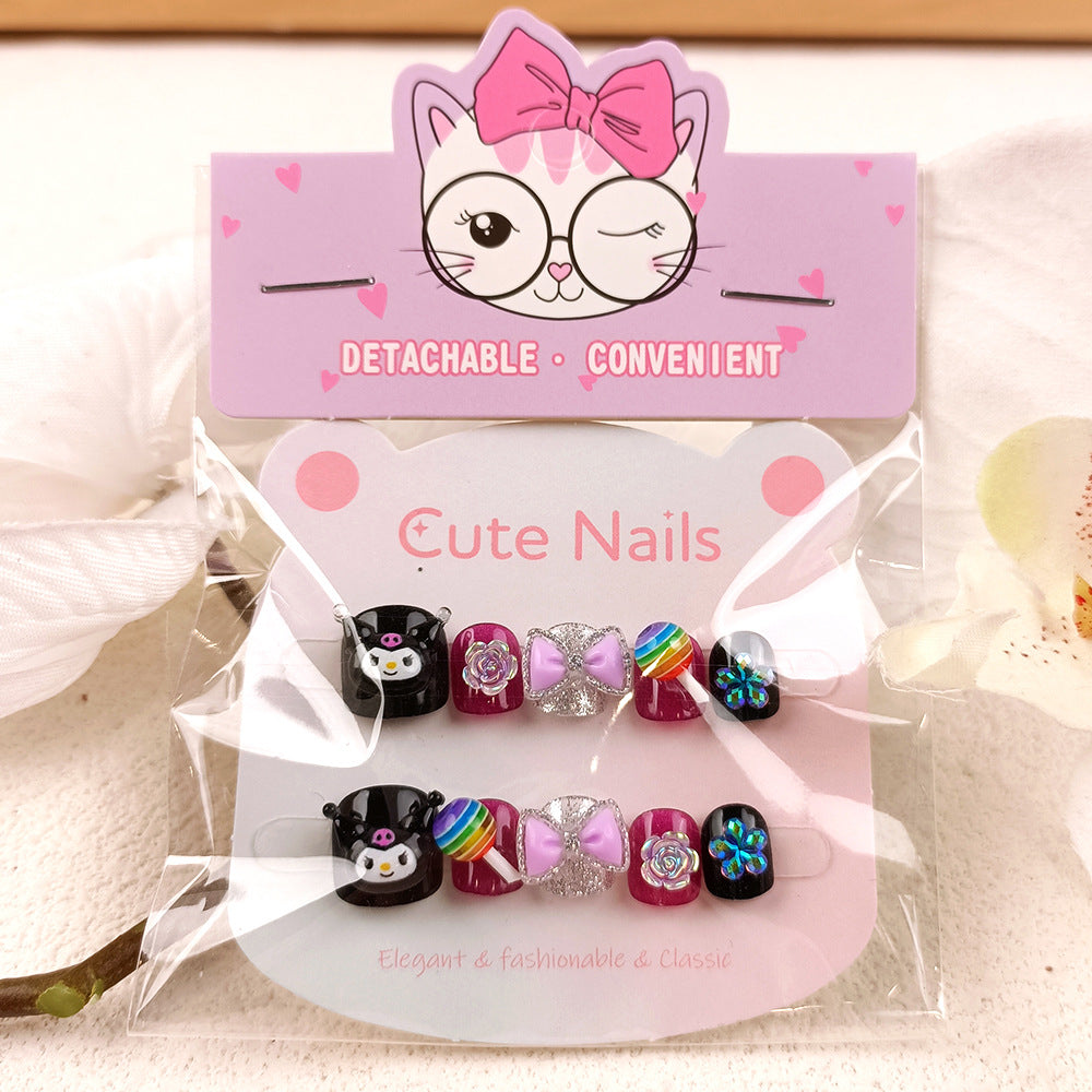 Black three-dimensional Kulomi wears cute nails, children's short nail art 3D lollipop fake nail patch