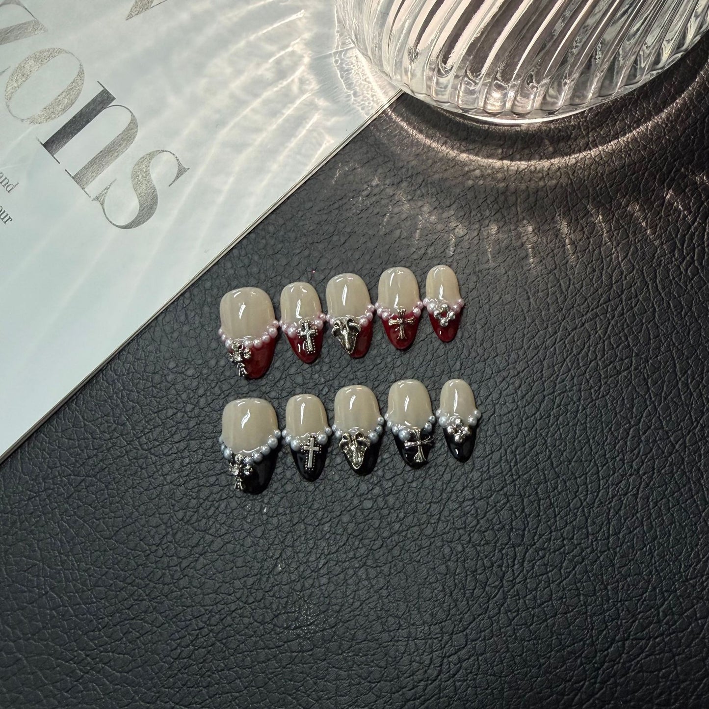 365nails: "Dark Romance" – 3D Pearl & Rhinestone Handmade Press on Nails Almond Nails