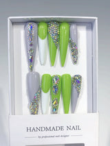 Neon Green Rhinestone Extra Long Press On Nails