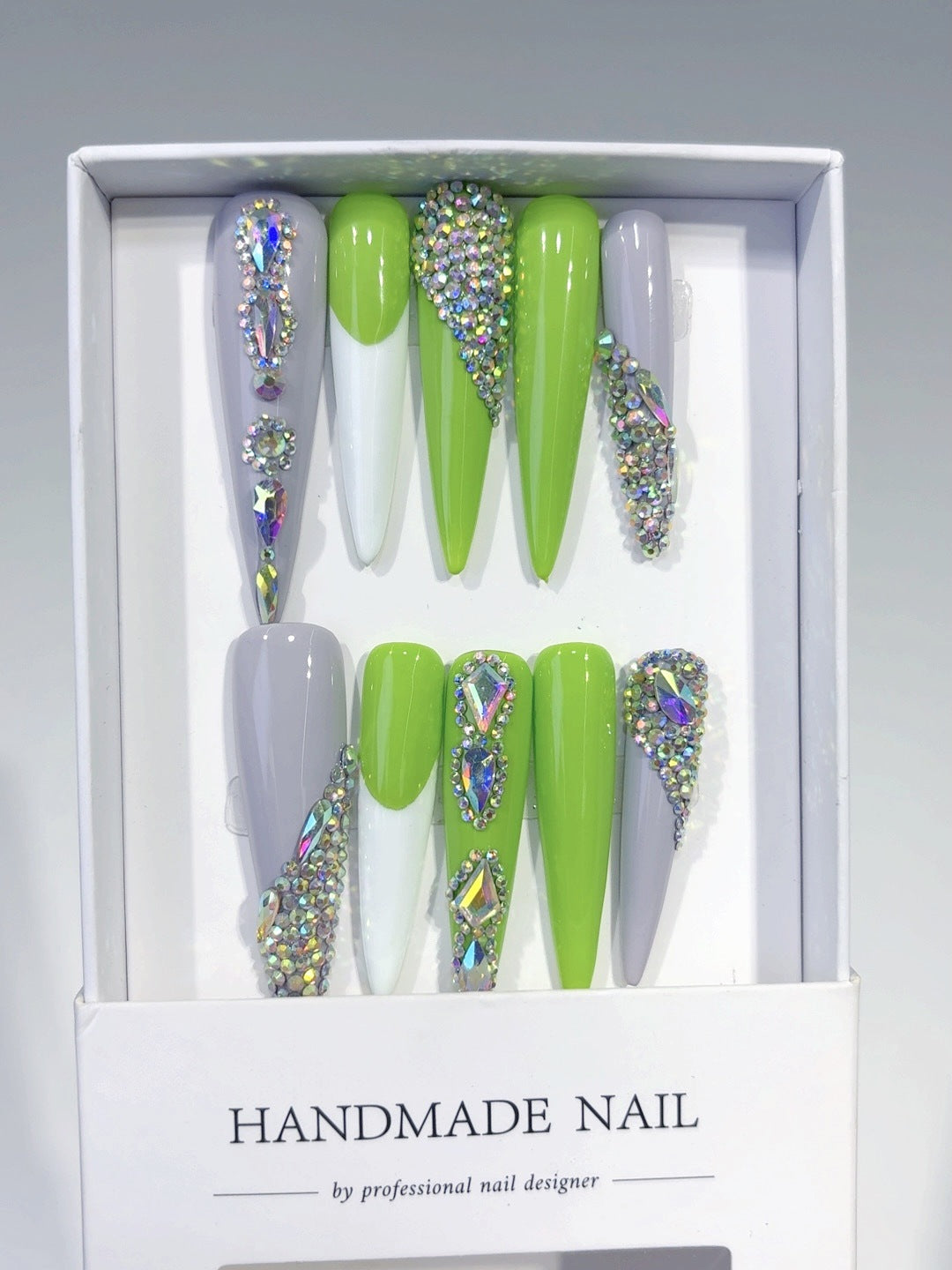 Neon Green Rhinestone Extra Long Press On Nails