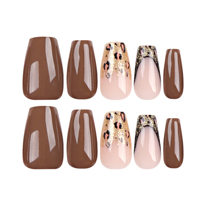 Autumn Brown Simple Wear Nail Patch Gold Glitter Leopard Print Nail Art Ballet Finger Nail Patch Nail Patch｜365nails