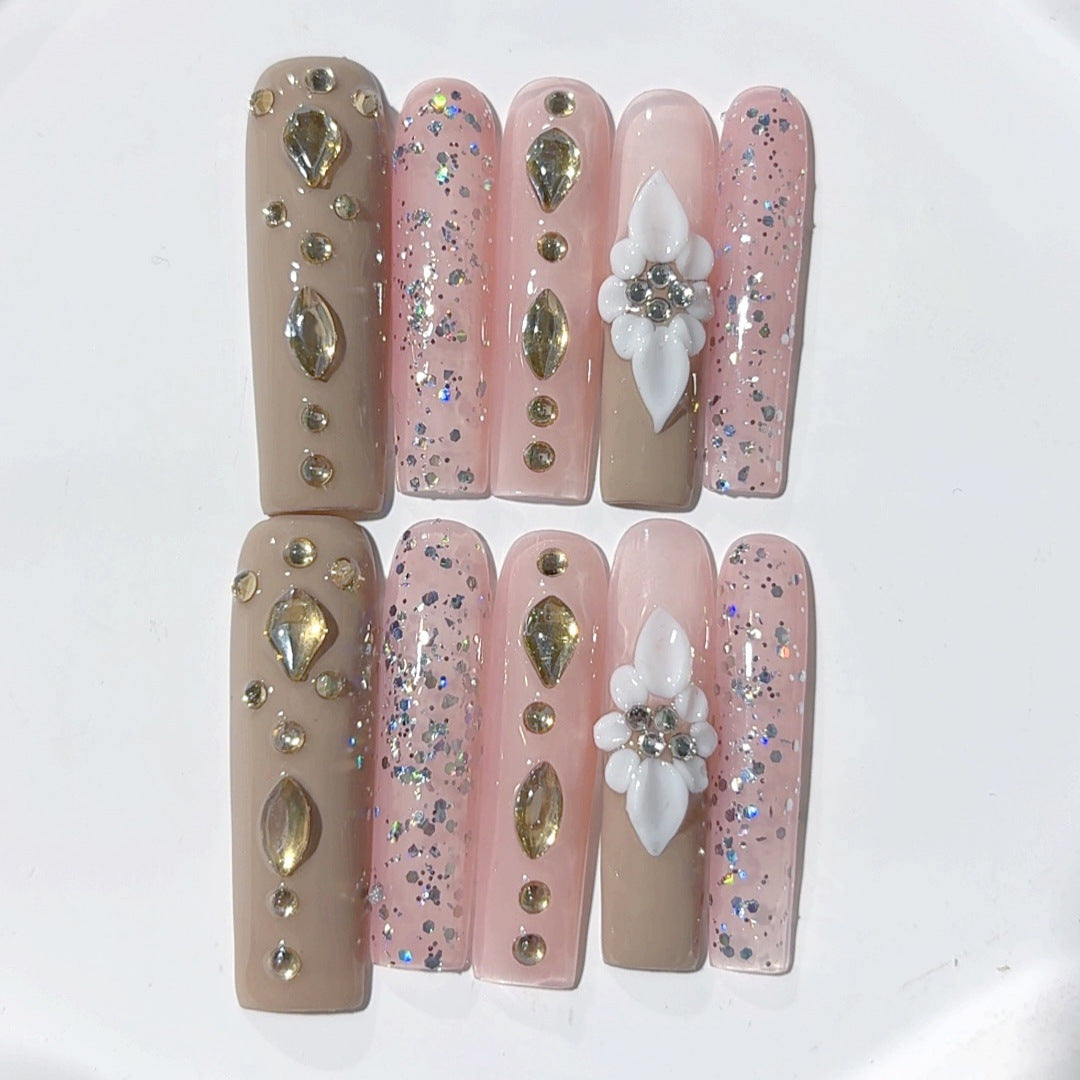 粉裸花卉水鑽奢華穿戴甲