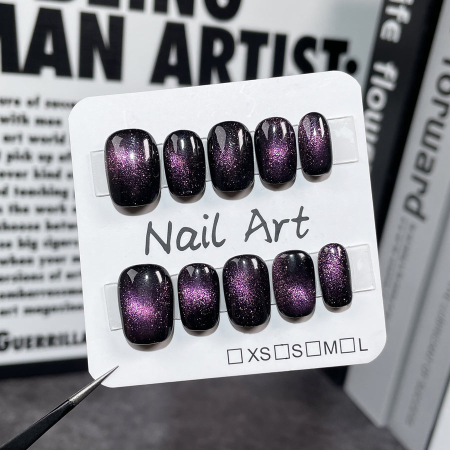 Galaxy Purple Cat-Eye Nails with 9D Crystal Glow