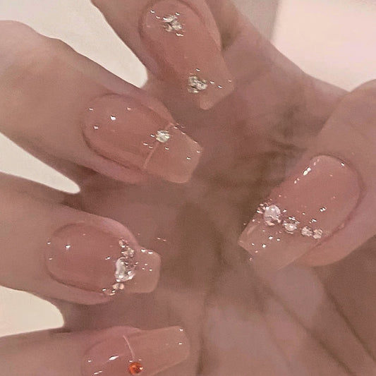 Wear nail piece Nude rhinestone white line nail patch Wear nail nail finished fake nail nails｜365nails