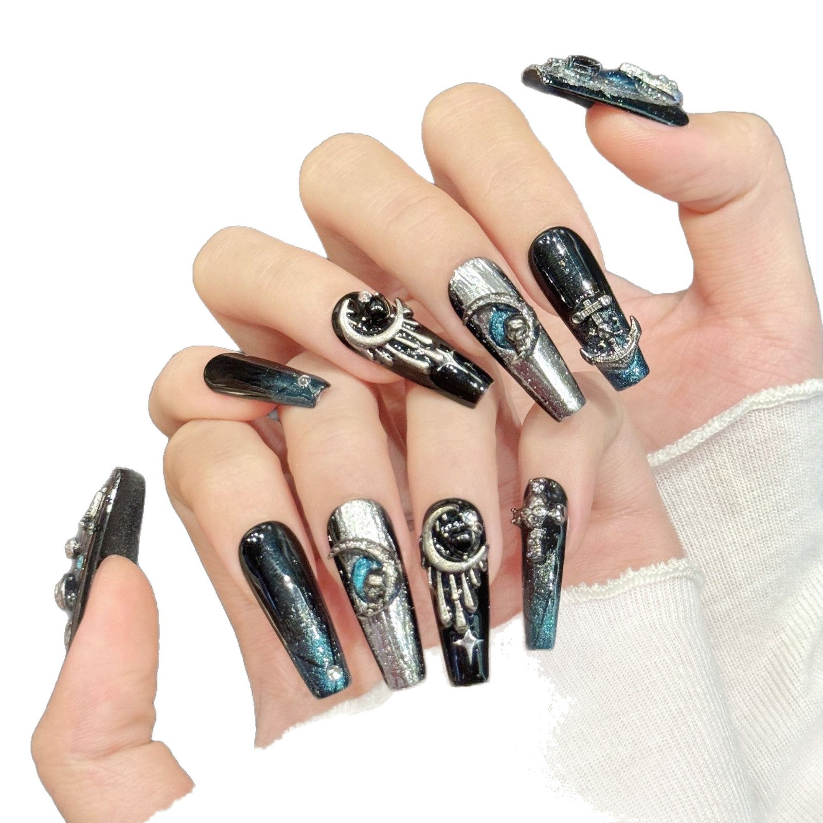 Silver Black Moon Snake Cosmic Gothic Nails