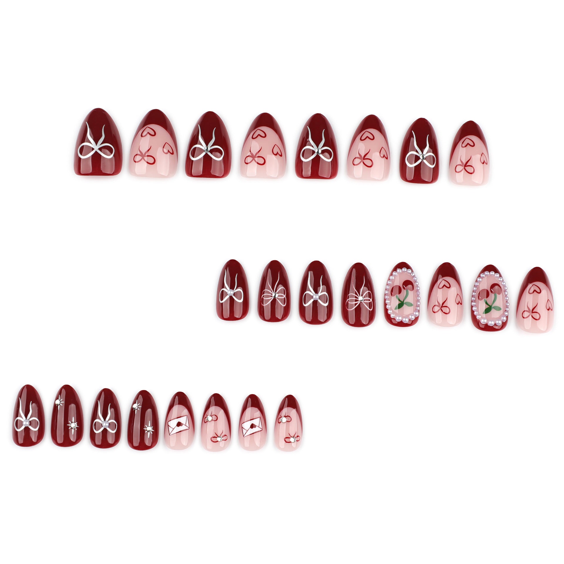 Romantic Red Bow Heart Press On Nails Design