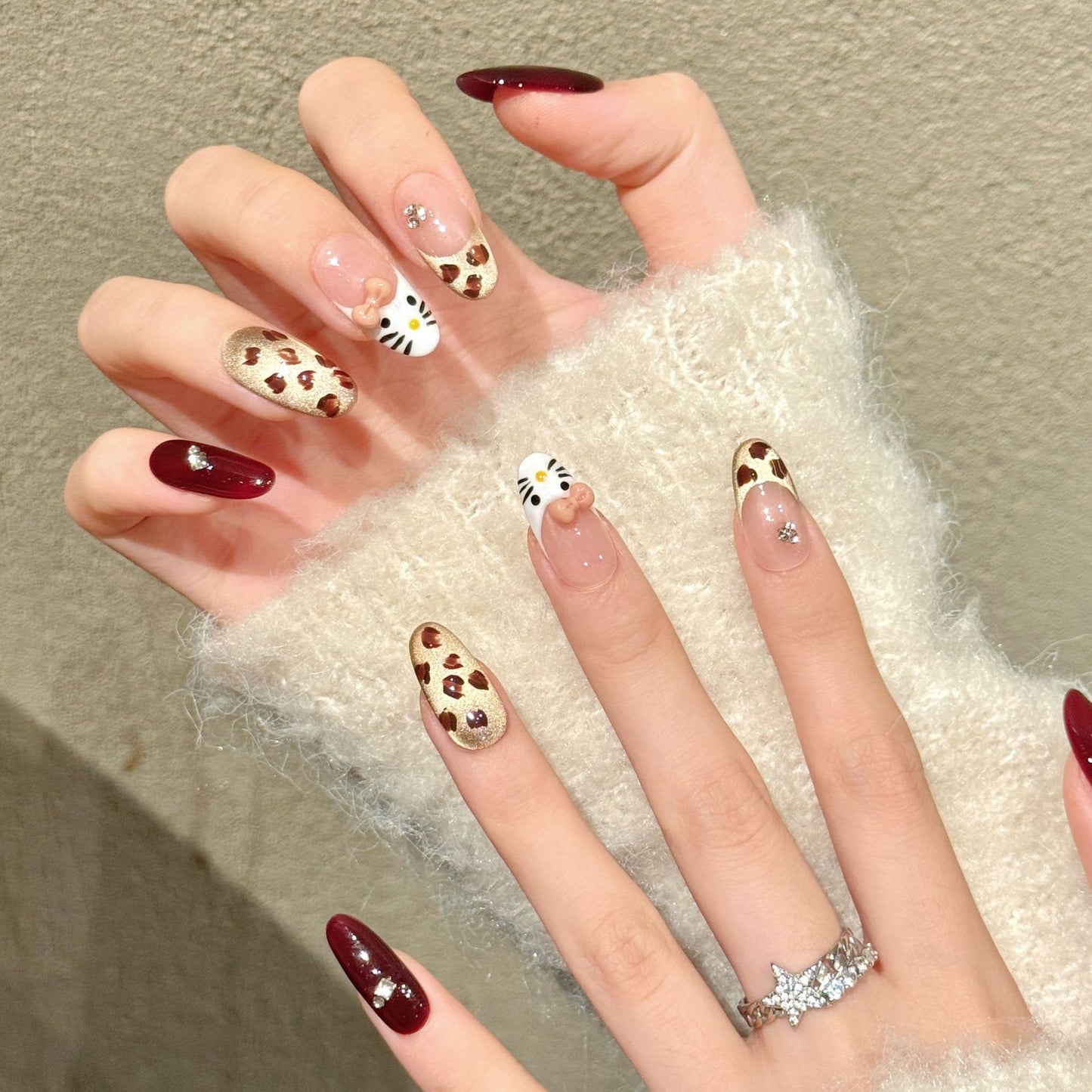 Cute Kitty Bow Leopard Burgundy Nude Art Nails Set