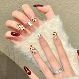 Cute Kitty Bow Leopard Burgundy Nude Art Nails Set