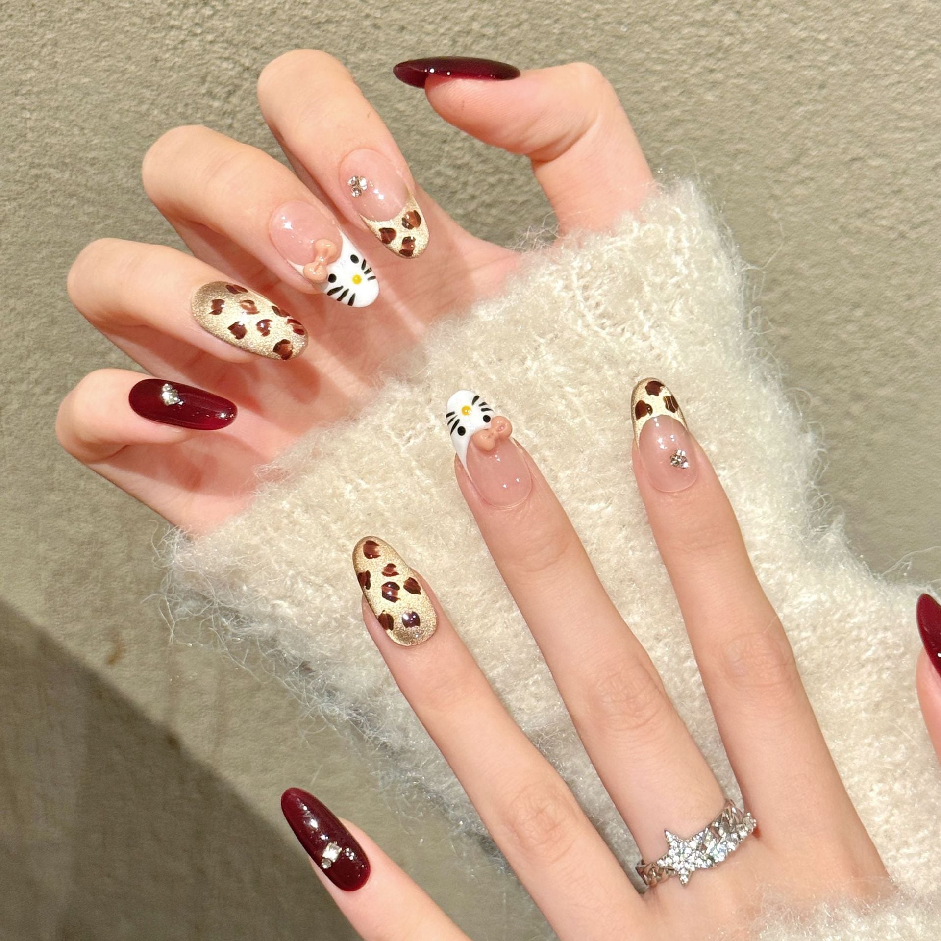 Cute Kitty Bow Leopard Burgundy Nude Art Nails Set