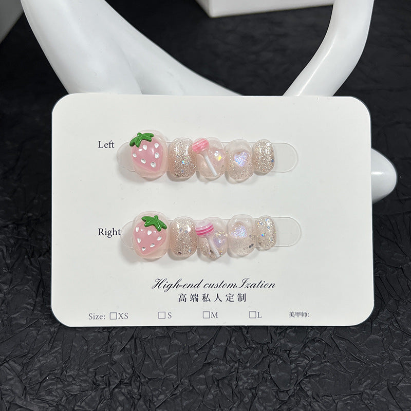 Parche de uñas con diseño de piruleta de fresa tridimensional, hecho a mano, bonito y dulce, adhesivo para uñas desmontable｜365nails