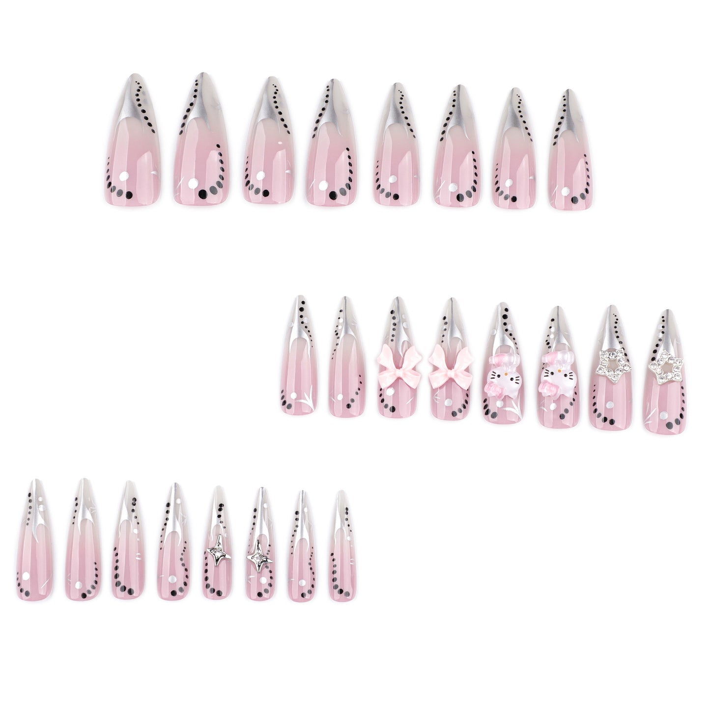 Silver Bow Star Nails with Frosted Metallic Accents