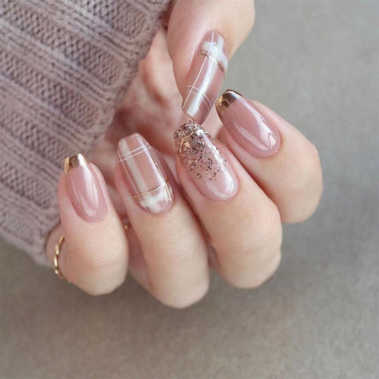 Press-on nails finished product wholesale Press-on nails, French Phnom Penh gold foil plaid nail patch Press-on nails wholesale nails｜365nails