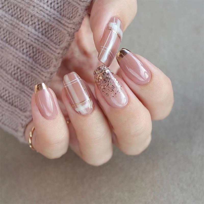 Phnom Penh 金箔格紋法式成品穿戴甲 批發｜365nails