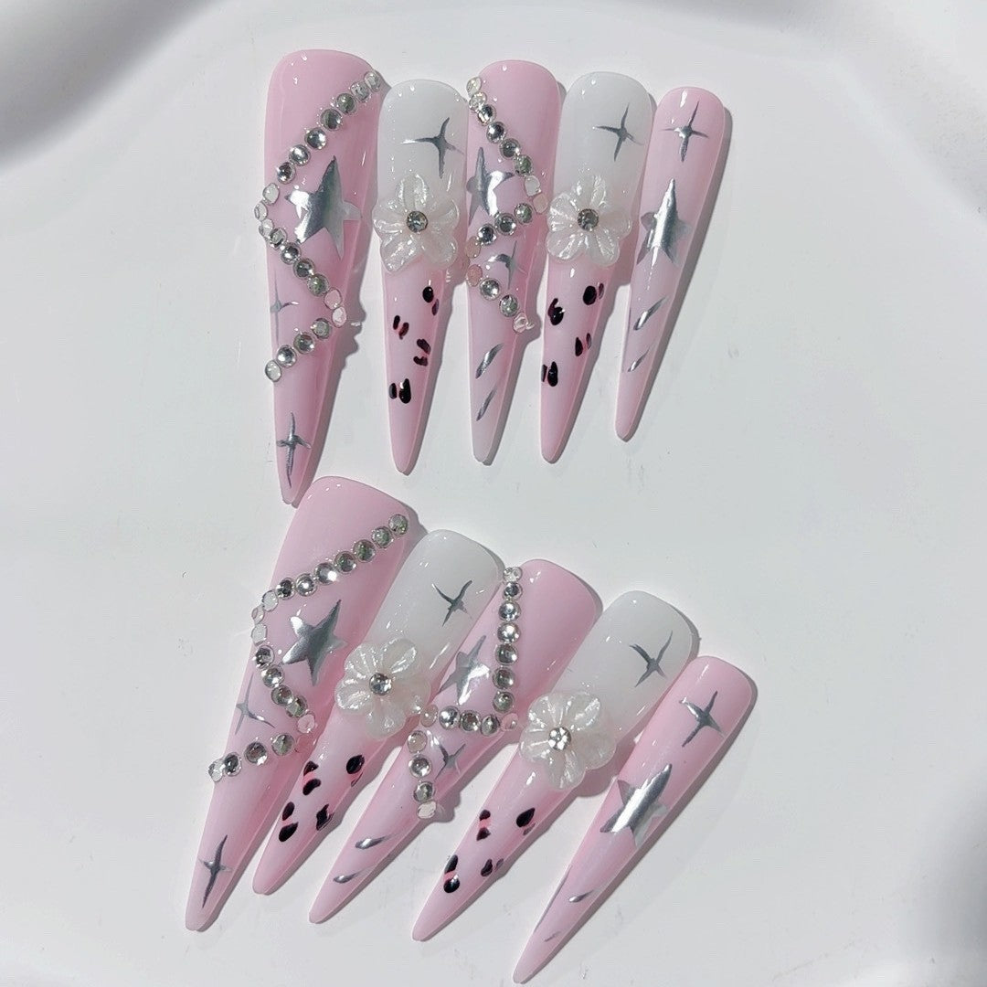 Conjunto de unhas postiças Pink Star Crystal Y2K