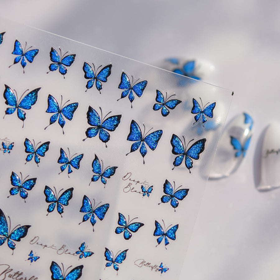 Holographic Blue-Gold Butterfly Nail Sticker Set – "Mystic Peacock Butterfly"