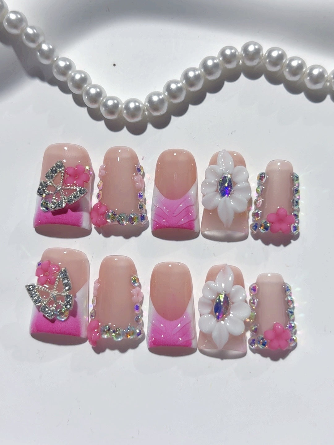 365nails-粉色蝴蝶：「花卉蝴蝶」 – 方形 手工製 3D 裝飾 穿戴甲