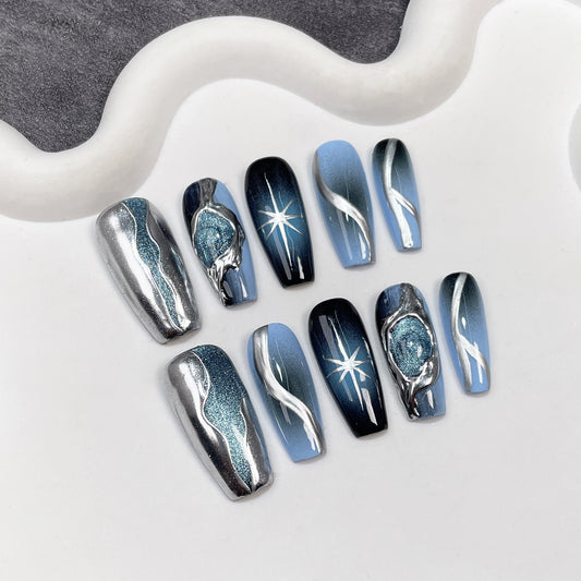 Handmade press-on nails black and blue gradual change three-dimensional cat eye advanced spray gun medium and long  sticker｜365nails