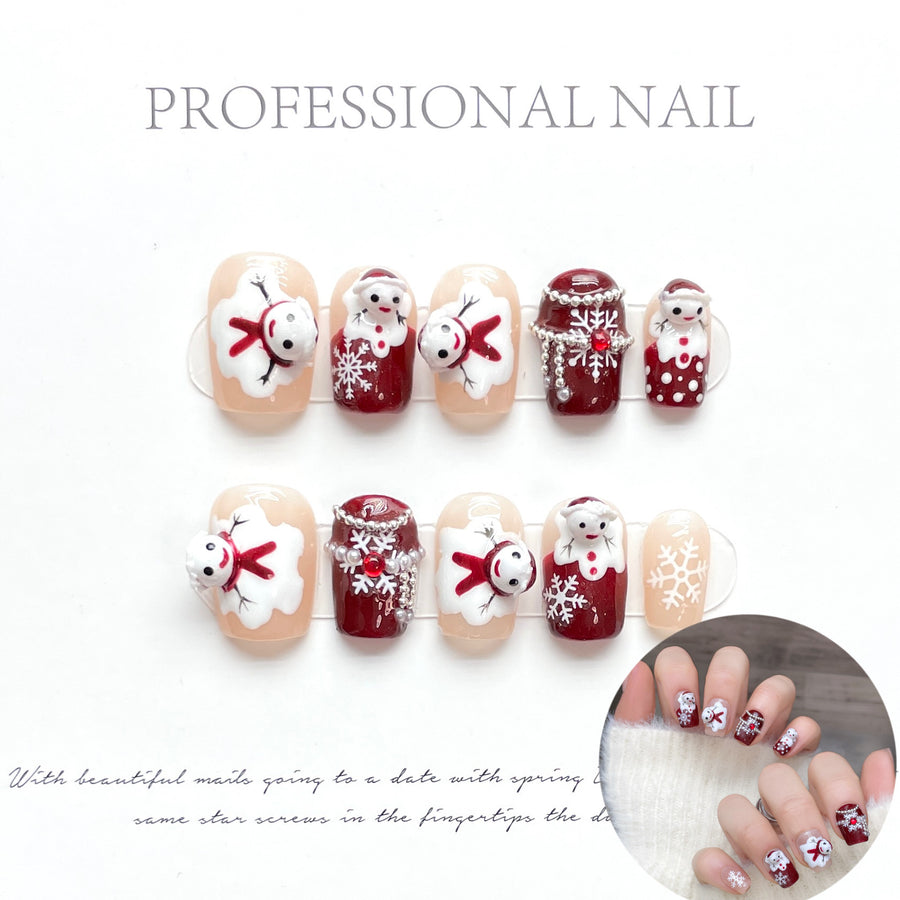 Red and Nude Christmas Press‑On Nails – 3D Snowman & Bear Cute Winter Design