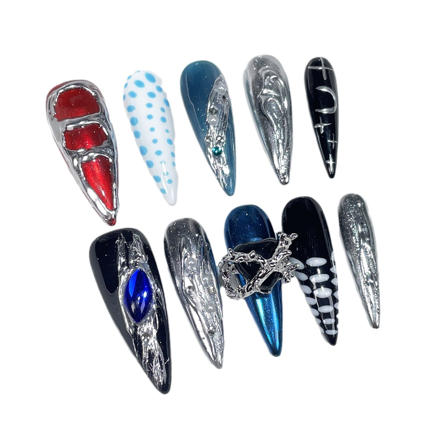 Long-pointed Handmade press on nails sweet cool Spice Girls Heavy Industry metal relief long nail patch fake nail wholesale｜365nails