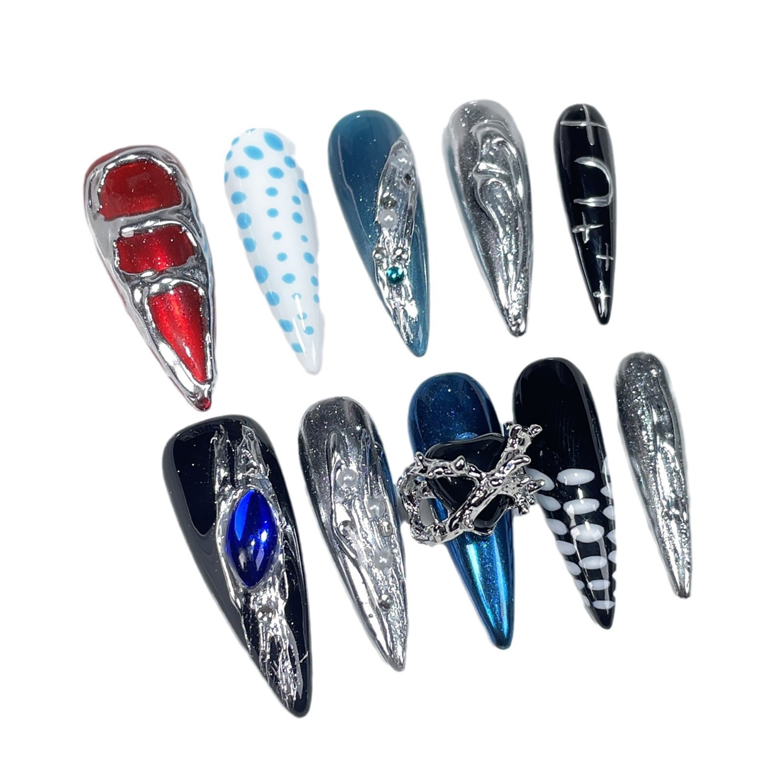 Uñas postizas largas y puntiagudas hechas a mano, con un dulce y genial diseño de Spice Girls, con relieve de metal, al por mayor | 365nails