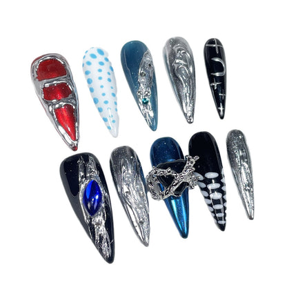 Long-pointed Handmade press on nails sweet cool Spice Girls Heavy Industry metal relief long nail patch fake nail wholesale｜365nails
