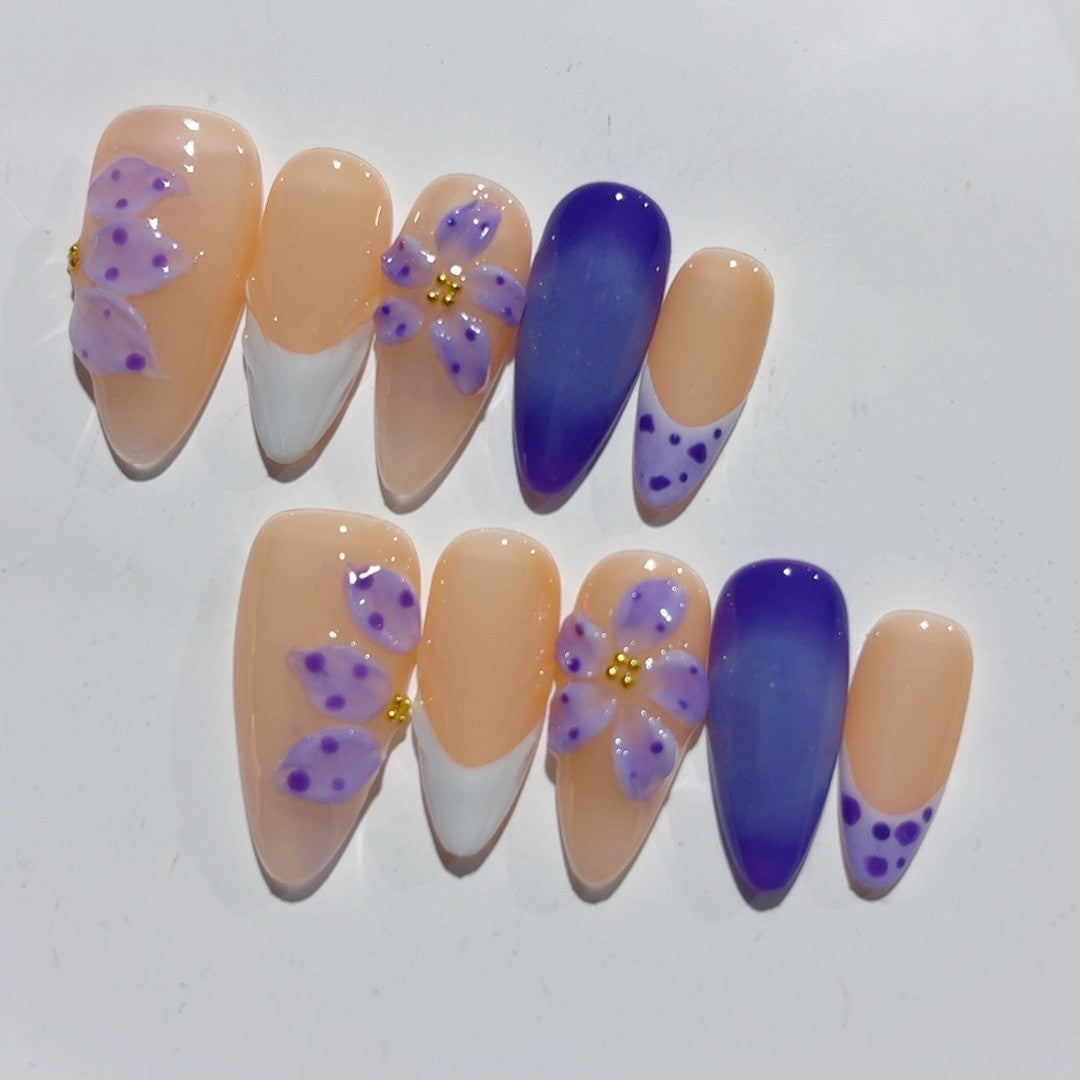 Purple Fantasy: "Lavender Bloom" – Almond Shape Handmade 3D Carved Press-On Nails